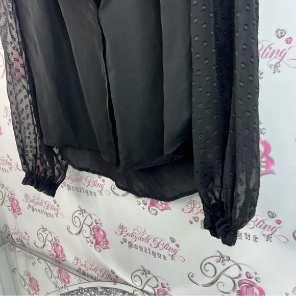 Laundry By Shelli Segal long sleeve dotted Polka dot buttons Black Sheer Blouse - Picture 7 of 13